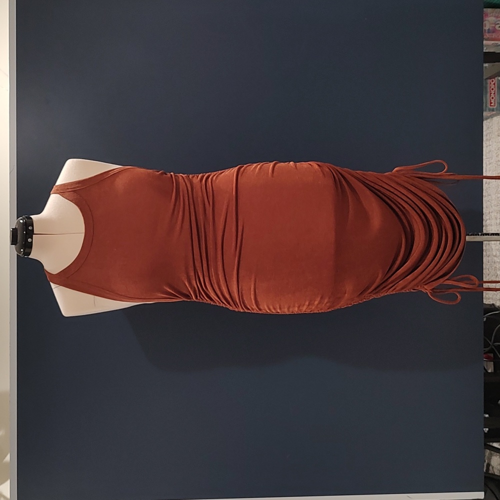 Acoa Stretchy Asymmetrical Drawstring Sided Copper Dress Size L